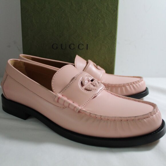 NWB Gucci Pink Interlocking GG Logo Loafer Loafers Flats Slip Ons Leather 40 - Picture 1 of 8